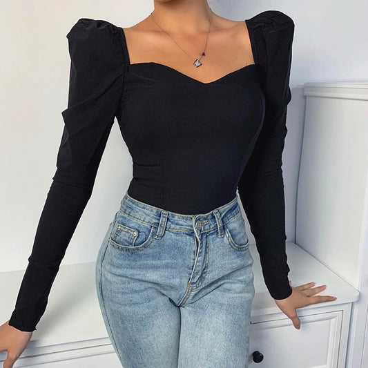 Solid Color Puff Sleeve Slim Blouse