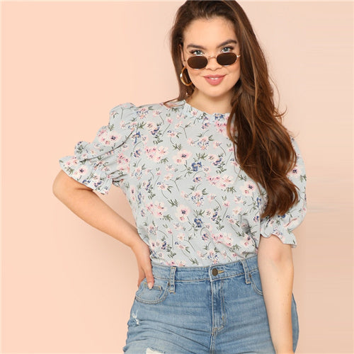 Floral Print Stand Collar Ruffle Puff Sleeve Tops