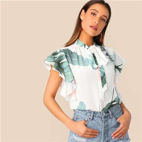Tropical Print Butterfly Sleeve Top