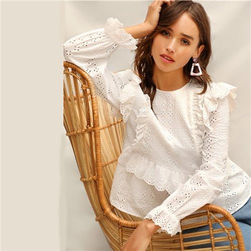 Ruffle Trim Embroidered Eyelet Top