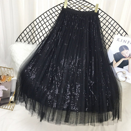 Spring Long Tulle  Sequined Pleated Skirts