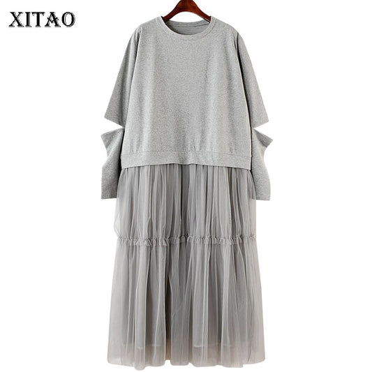 [XITAO] Loose Women Fashion New 2019 Spring Summer O-neck Full Sleeve Draped Lace Mid-calf Solid Color Casual Dress DLL2019