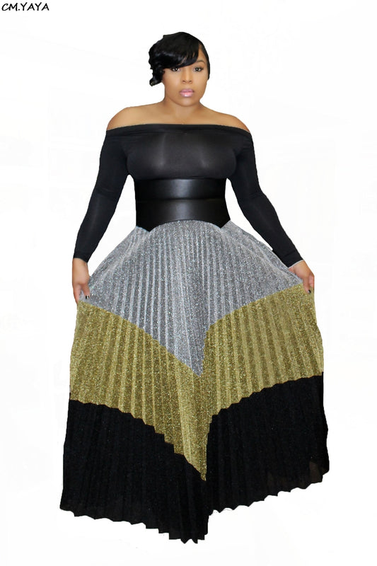 length maxi sequined multi color high waist maxi pleated skirts