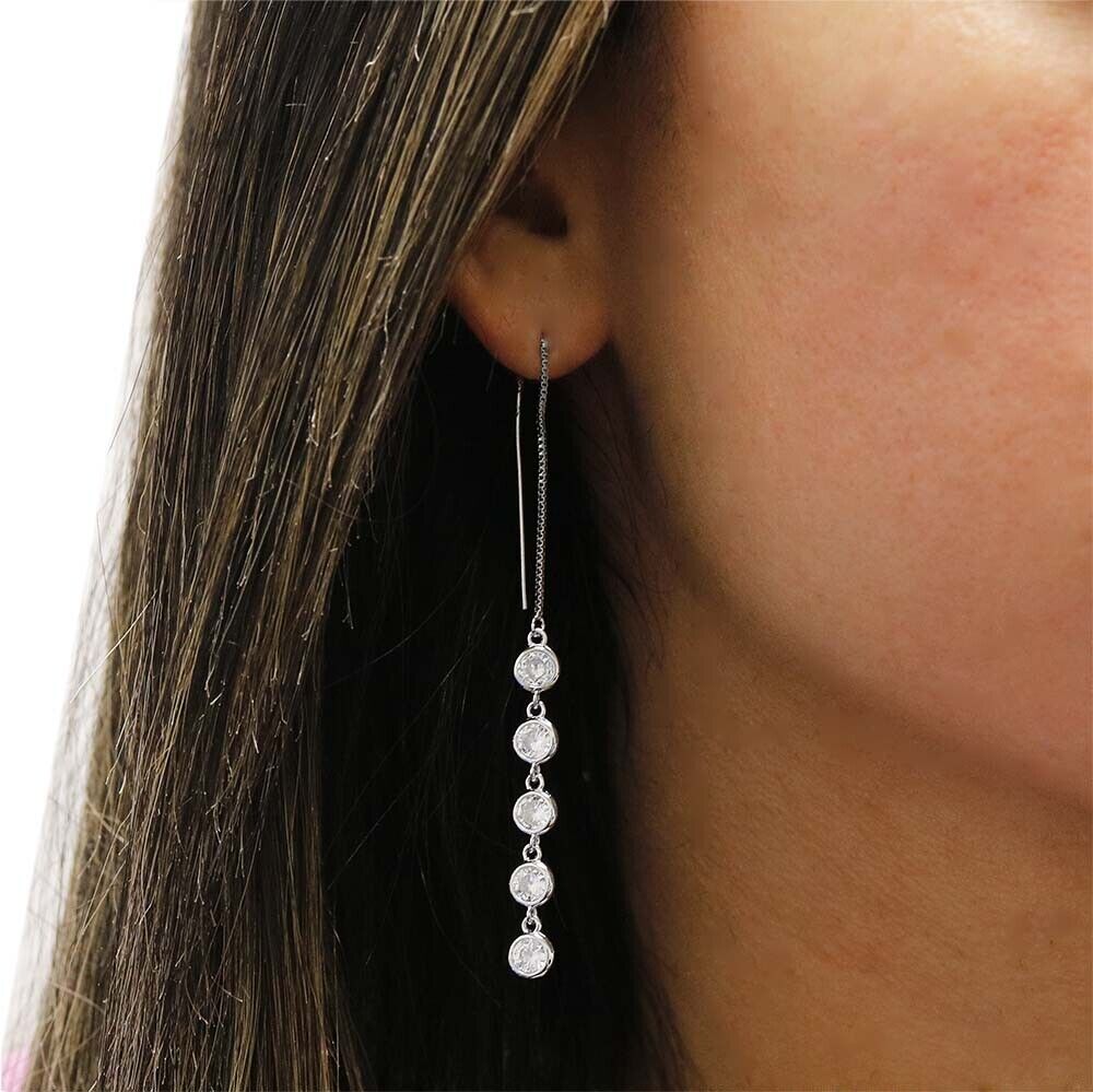 18K White gold Crystal Drop Threader Earrings