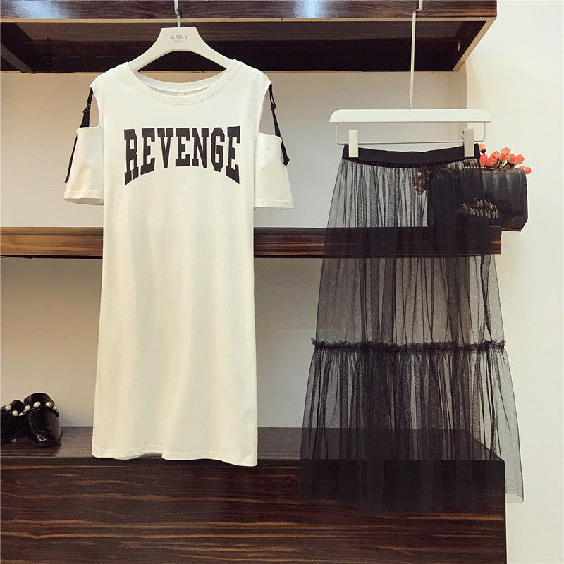 Long Strapless T-shirt +Mesh See Through Skirt Sets