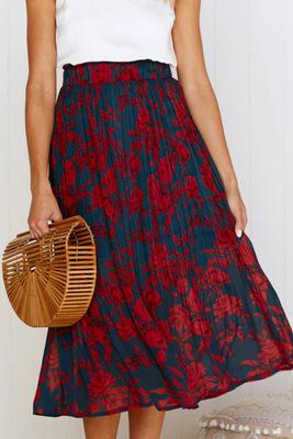 Print Pockets High Waist Pleated Maxi Skirt