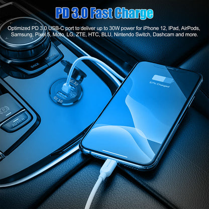 3 USB QC3.0+PD 3.0 12V-24V LED Car Fast Charger