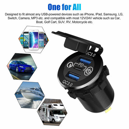 3 USB QC3.0+PD 3.0 12V-24V LED Car Fast Charger