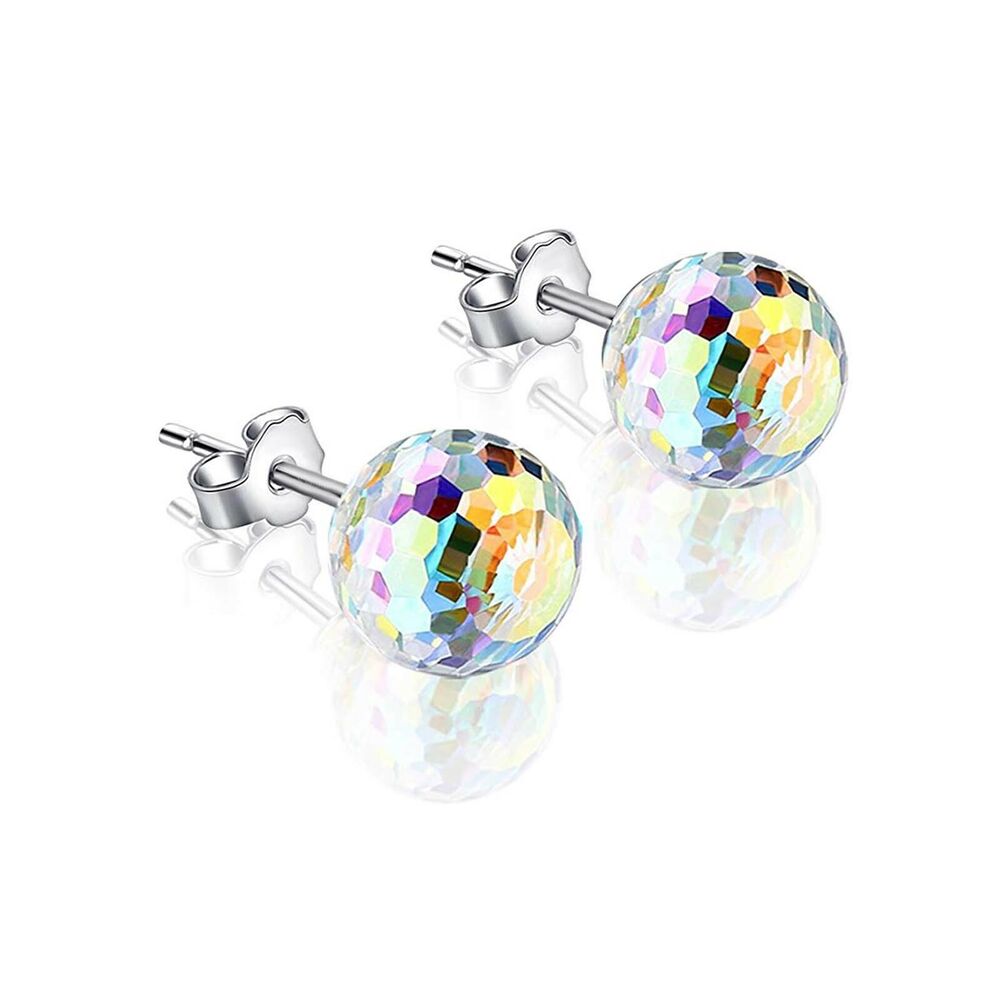 Aurora Borealis Disco Ball Round Crystal Stud Earrings