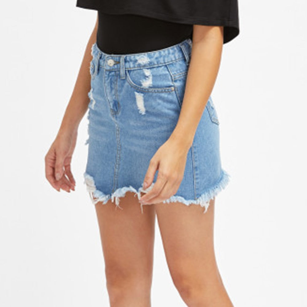 Blue Ripped Casual Mini Denim Skirt