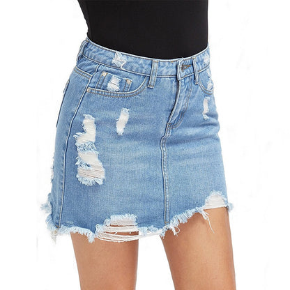 Blue Ripped Casual Mini Denim Skirt