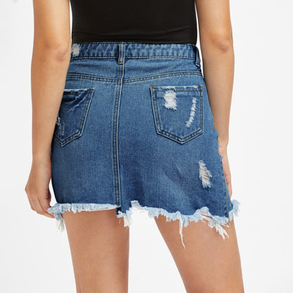 Blue Ripped Casual Mini Denim Skirt