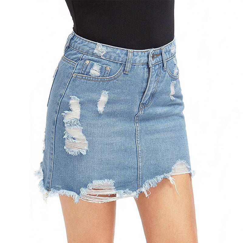 Blue Ripped Casual Mini Denim Skirt