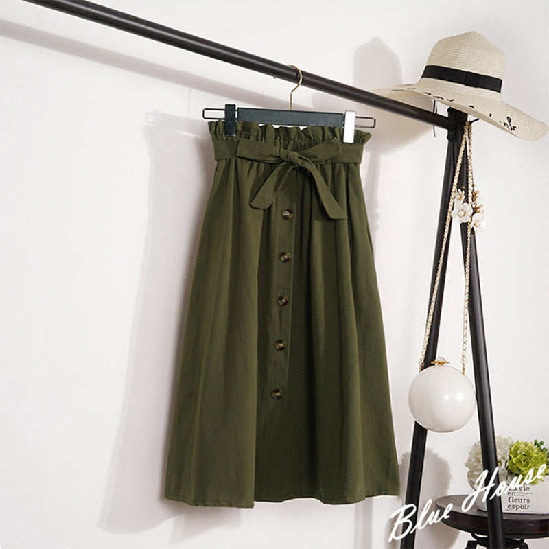 Midi Knee Length Elegant Button High Waist Skirt