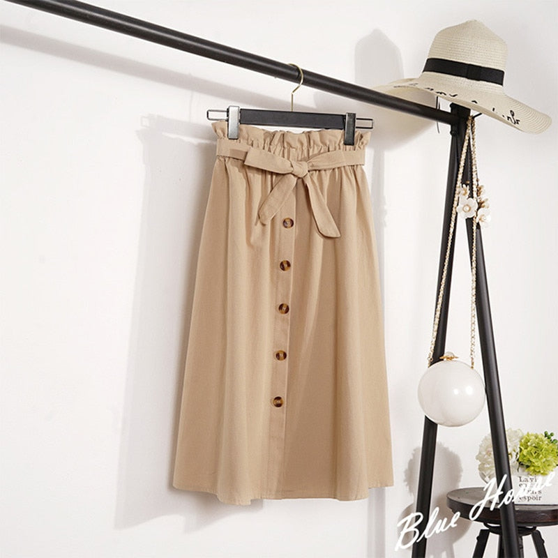 Midi Knee Length Elegant Button High Waist Skirt