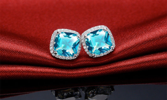 Cut Blue & White Topaz Halo Stud Earrings