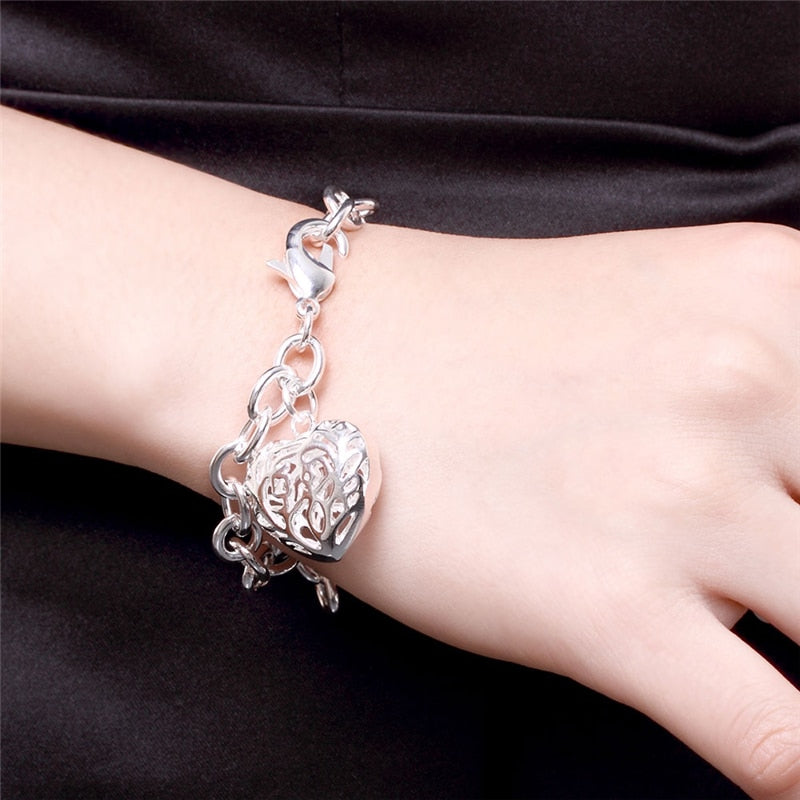 Fall in Love with Style - 925 Sterling Silver Plated Hollow Heart Bracelet for the Perfect Valentine's Day Gift!