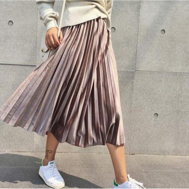 Long Metallic Maxi Pleated Skirt