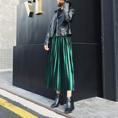 Long Metallic Maxi Pleated Skirt