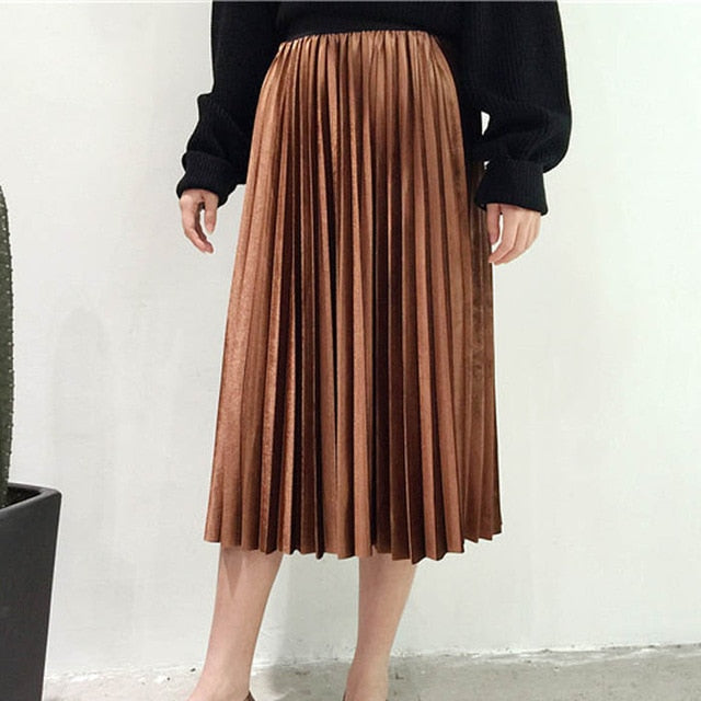 Long Metallic Maxi Pleated Skirt