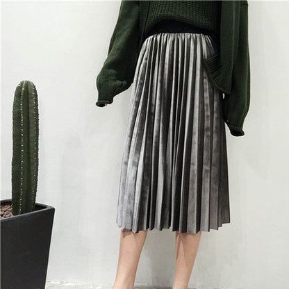 Long Metallic Maxi Pleated Skirt