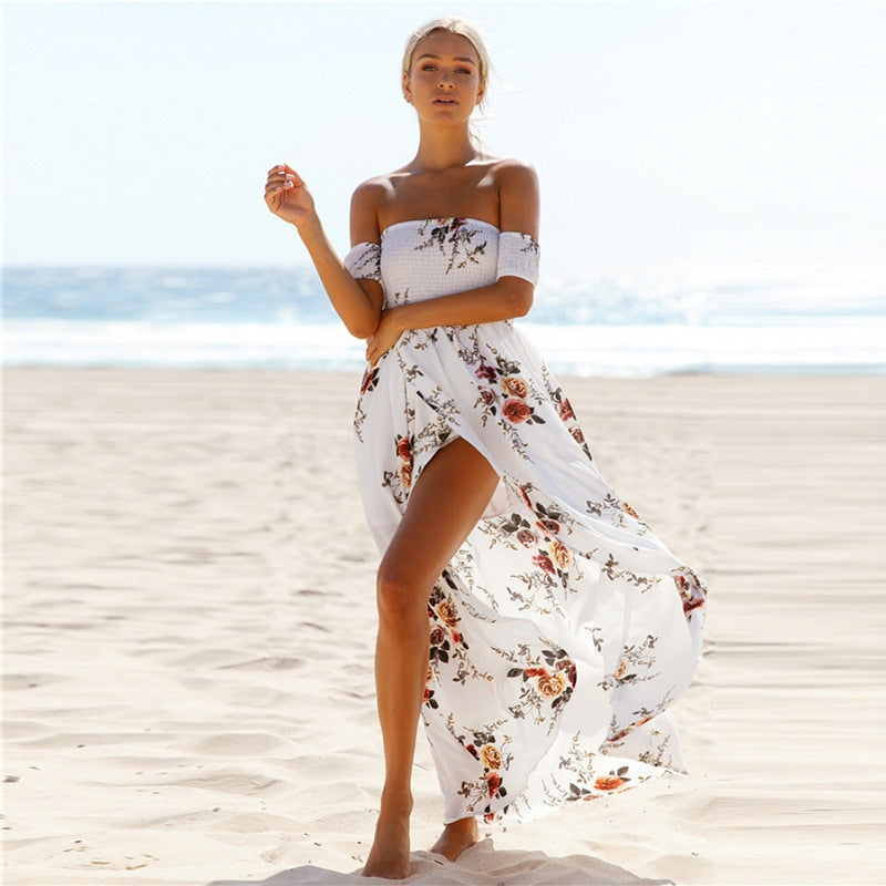 Off Shoulder Floral Print Boho Dress