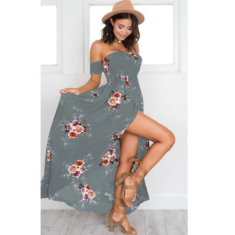 Off Shoulder Floral Print Boho Dress