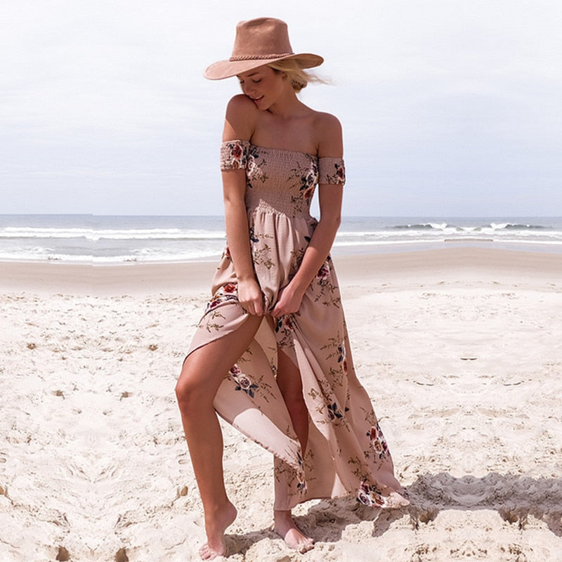 Off Shoulder Floral Print Boho Dress