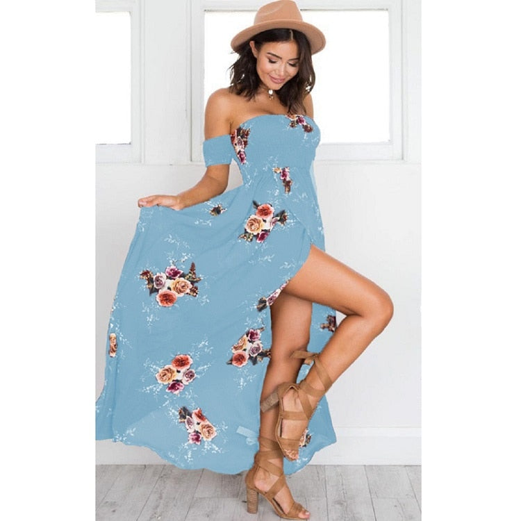 Off Shoulder Floral Print Boho Dress