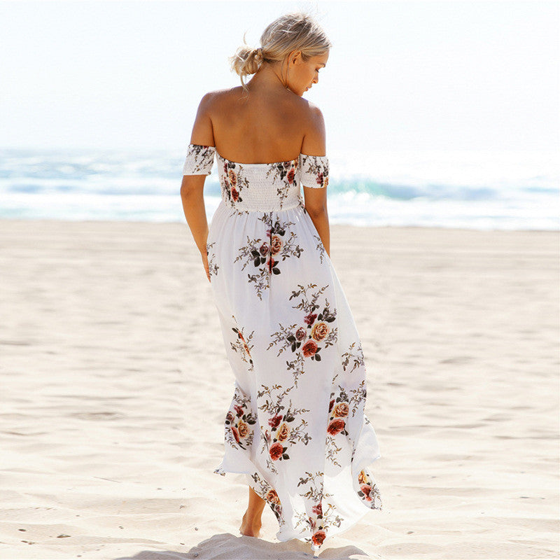 Off Shoulder Floral Print Boho Dress