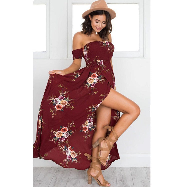 Off Shoulder Floral Print Boho Dress