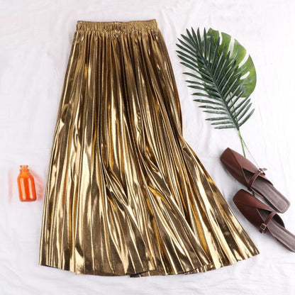 Gold \Silver\ Black Pleated Elastic High Waist Skirt