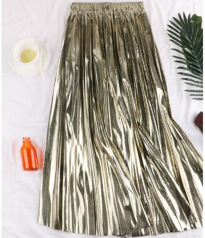 Gold \Silver\ Black Pleated Elastic High Waist Skirt