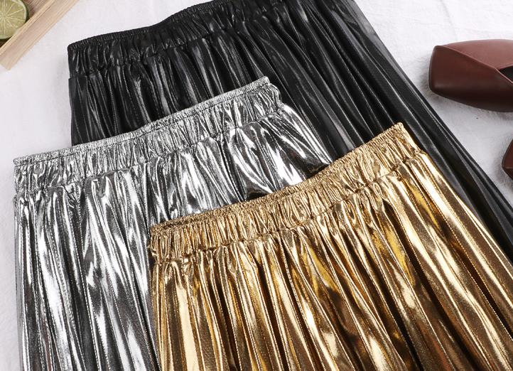 Gold \Silver\ Black Pleated Elastic High Waist Skirt