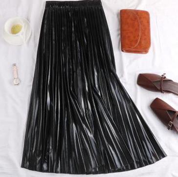 Gold \Silver\ Black Pleated Elastic High Waist Skirt