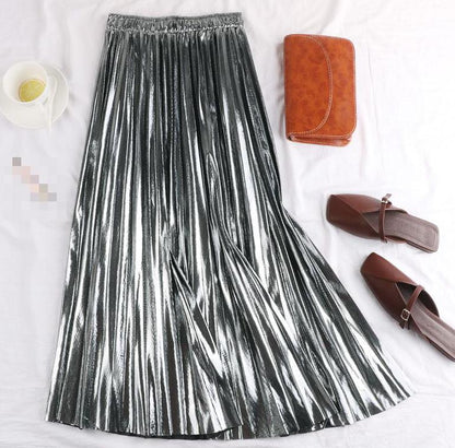 Gold \Silver\ Black Pleated Elastic High Waist Skirt