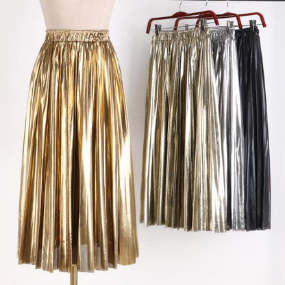 Gold \Silver\ Black Pleated Elastic High Waist Skirt