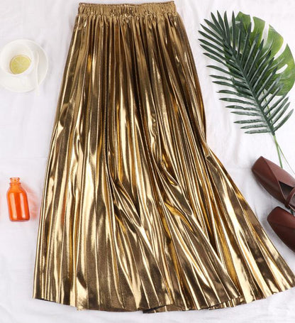 Gold \Silver\ Black Pleated Elastic High Waist Skirt