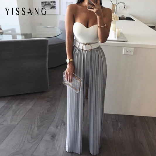 Yissang Khaki Pleated Jumpsuit For Women 2019 Summer Strapless Backless Rompers Womens Jumpsuits Female Overalls Clubwear