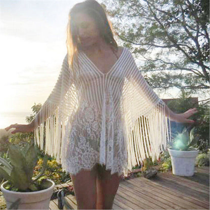 Women Solid White Lace Cover Up Beachwear Hollow Out Blouse Swimwear Beach Wear Cover Up Ladies Tunics Beach Chiffon Summer Top