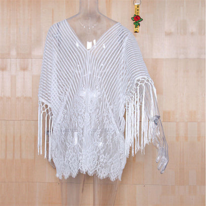 Women Solid White Lace Cover Up Beachwear Hollow Out Blouse Swimwear Beach Wear Cover Up Ladies Tunics Beach Chiffon Summer Top