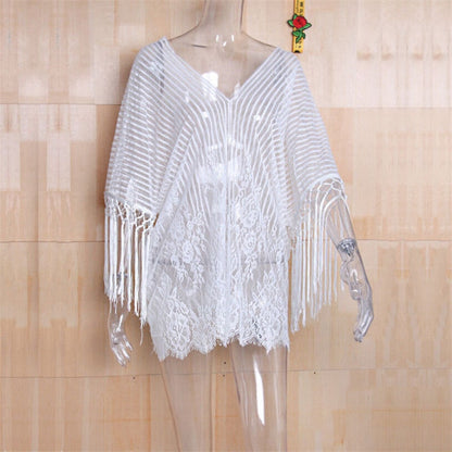 Women Solid White Lace Cover Up Beachwear Hollow Out Blouse Swimwear Beach Wear Cover Up Ladies Tunics Beach Chiffon Summer Top