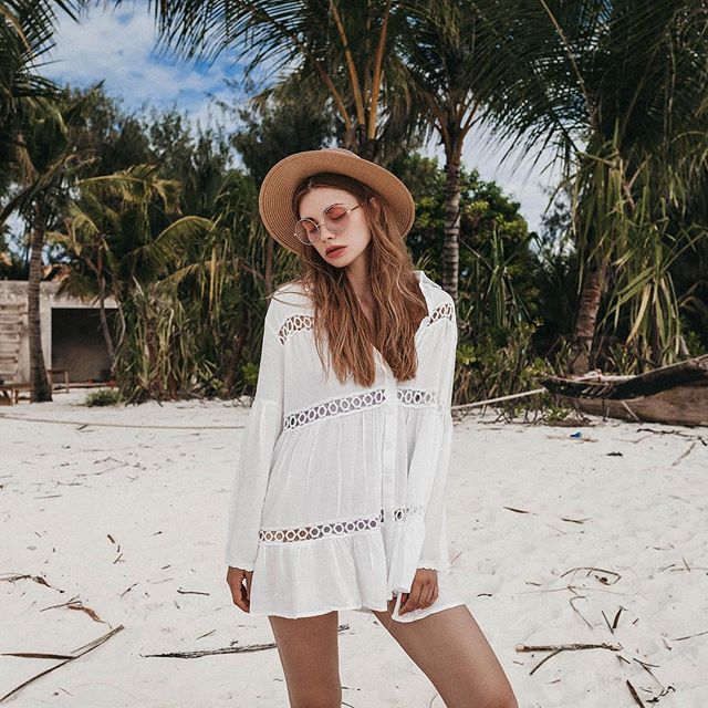 Women Swimsuit Cover Ups Mandarin Sleeve Kaftan Beach Tunic Dress Robe De Plage Solid White Cotton Pareo Beach Cover Up #Q429