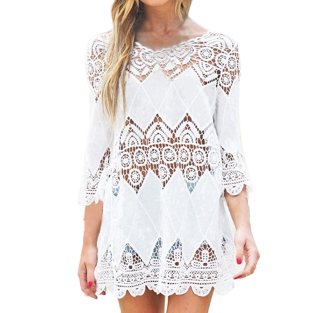 Women Swimsuit Lace Hollow Crochet Beach Bikini Cover Up 3/4 Sleeve White Tops Swimwear Beach Dress Tunic Shirt narzuta na plaza