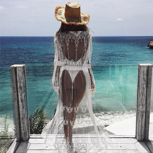 Women Chiffon Beach Cover-Ups Summer White Cardigan Bikini Cover Up Wrap Beachwear Long Dress Sundress Saida De Praia Feminino