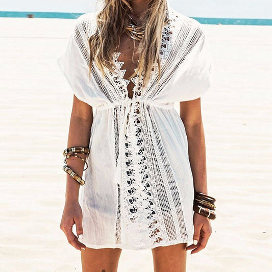 White Crochet hollow out Women Kaftan Beach Tunic Blouses Summer dress Beachwear Swimsuit Pareo Cover Ups Bathing suit