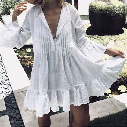 Women Swimsuit Cover Ups Mandarin Sleeve Kaftan Beach Tunic Dress Robe De Plage Solid White Cotton Pareo Beach Cover Up #Q606