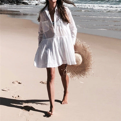 Women Swimsuit Cover Ups Mandarin Sleeve Kaftan Beach Tunic Dress Robe De Plage Solid White Cotton Pareo Beach Cover Up #Q429