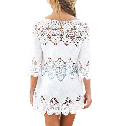 Women Swimsuit Lace Hollow Crochet Beach Bikini Cover Up 3/4 Sleeve White Tops Swimwear Beach Dress Tunic Shirt narzuta na plaza