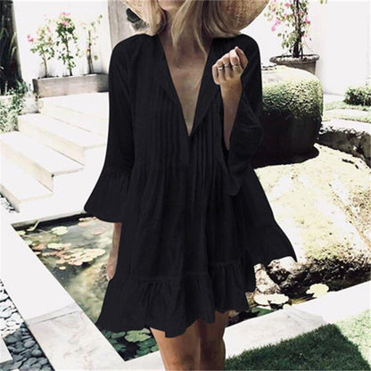 Women Swimsuit Cover Ups Mandarin Sleeve Kaftan Beach Tunic Dress Robe De Plage Solid White Cotton Pareo Beach Cover Up #Q606